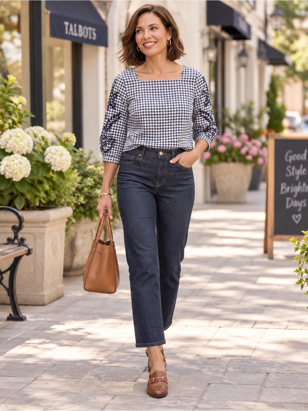 Talbots Petites Gingham Embroidered Sleeve Blouse Navy White MP Square Neck EUC